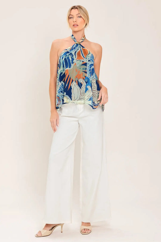 BLUE LAGOON WOVEN HALTER TOP - TOPS