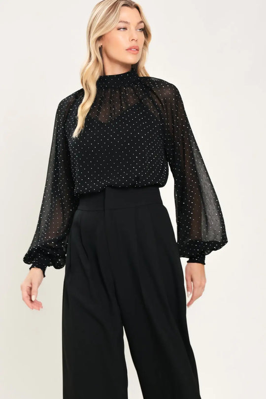 NOIR RADIANCE BLACK EMBELLISHED RAGLAN-SLEEVE TOP