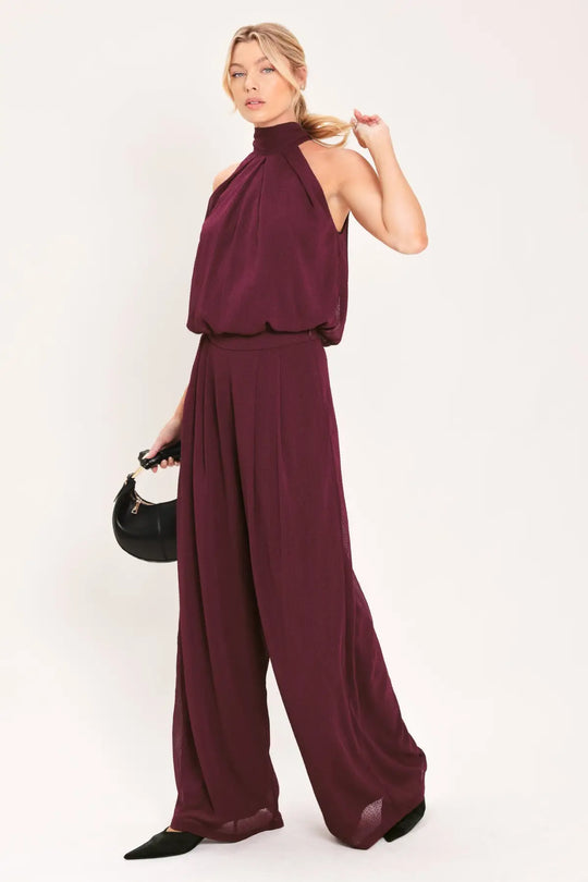 BORDEAUX SHEER DRAPE WOVEN HALTER TOP