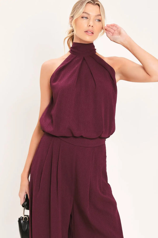 BORDEAUX SHEER DRAPE WOVEN HALTER TOP