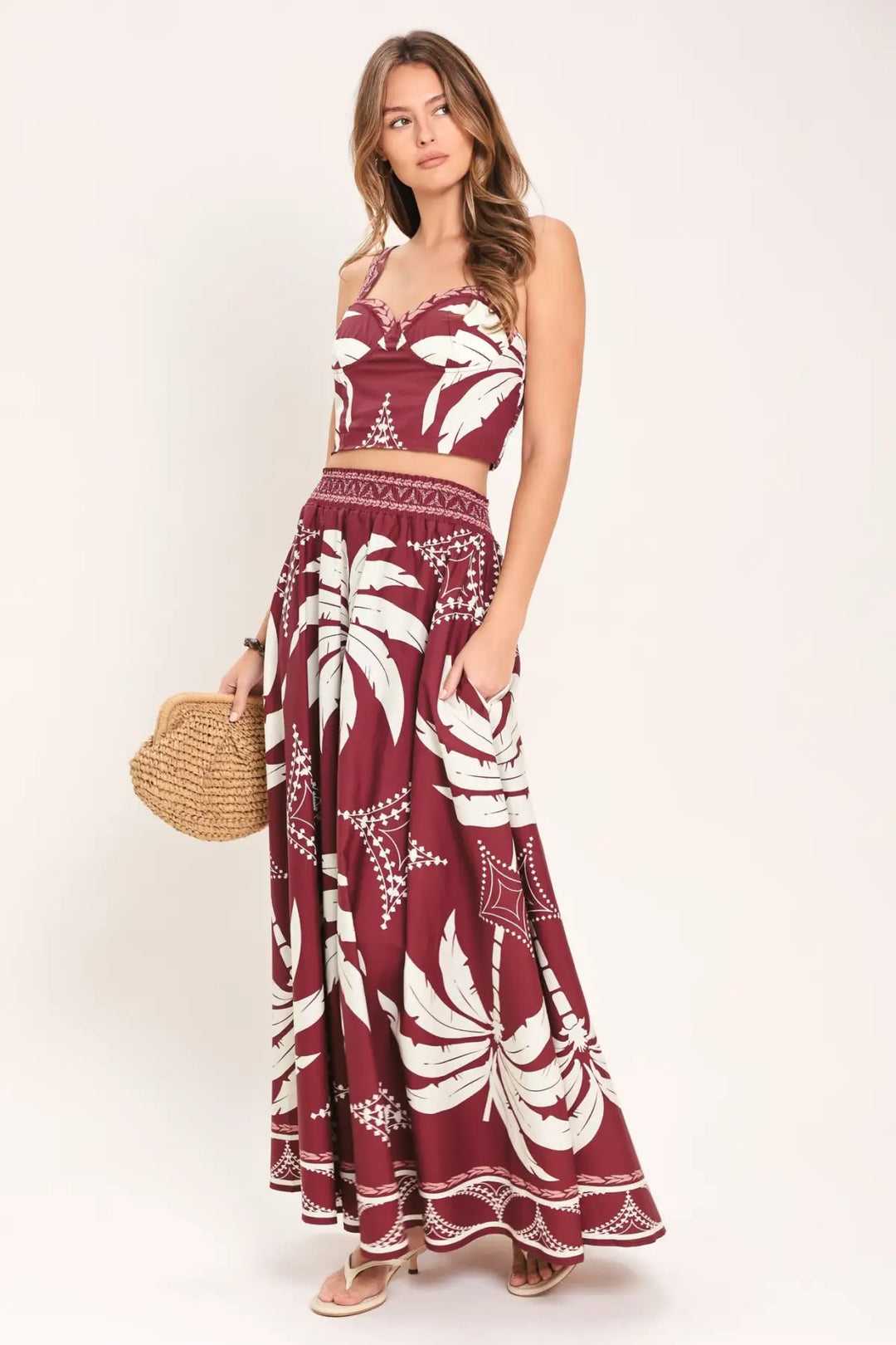 PARADISE CHARM WOVEN TOP AND SKIRT SET - BURGUNDY / S - TOPS
