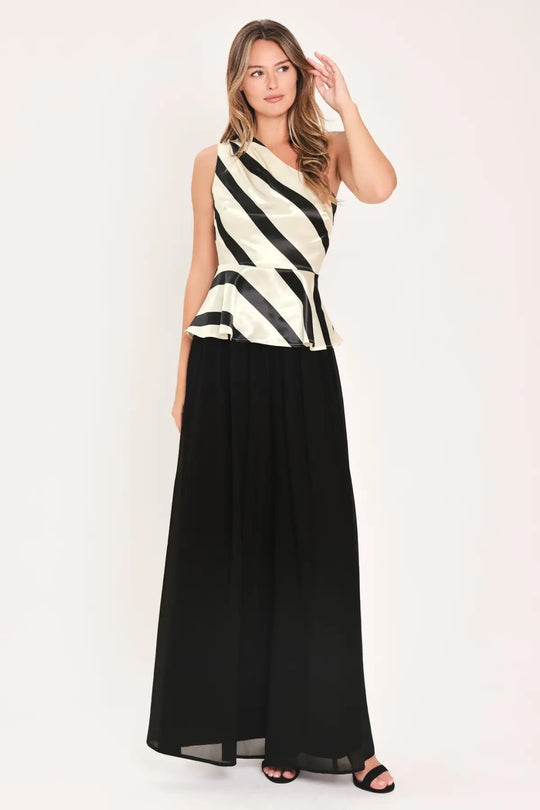 MONOCHROME MOMENT SATIN ONE-SHOULDER PEPLUM TOP
