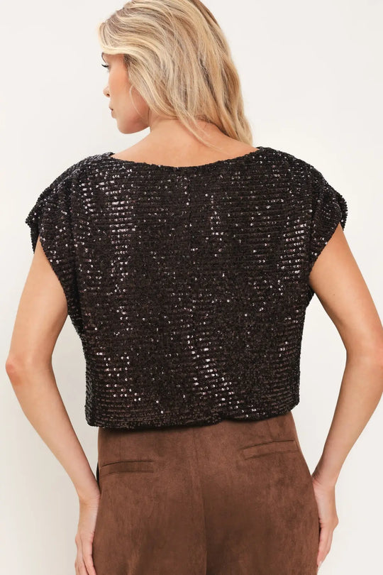 BRONZE GLOW BROWN SEQUIN COWL-NECK DOLMAN TOP