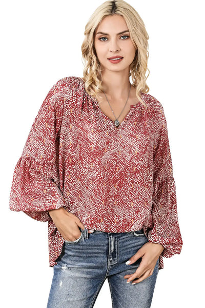 Elegant Red Abstract Lantern Sleeve Top - Shirts & Tops