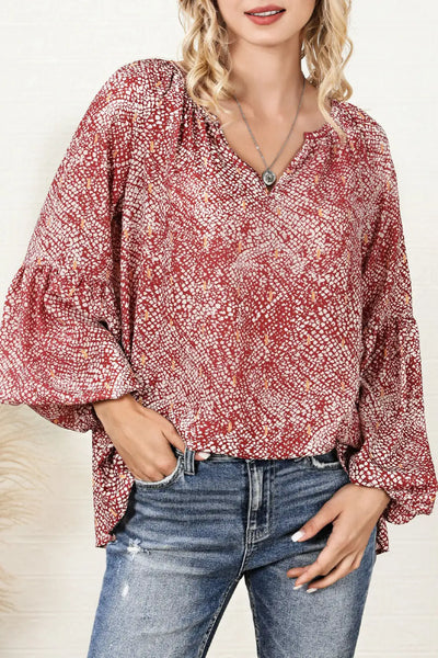 Elegant Red Abstract Lantern Sleeve Top - Shirts & Tops