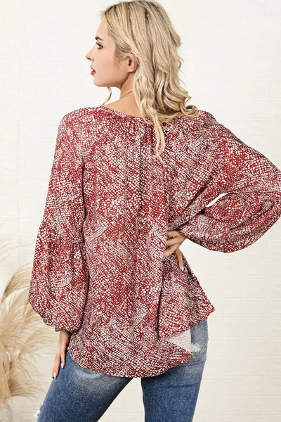 Elegant Red Abstract Lantern Sleeve Top - Shirts & Tops