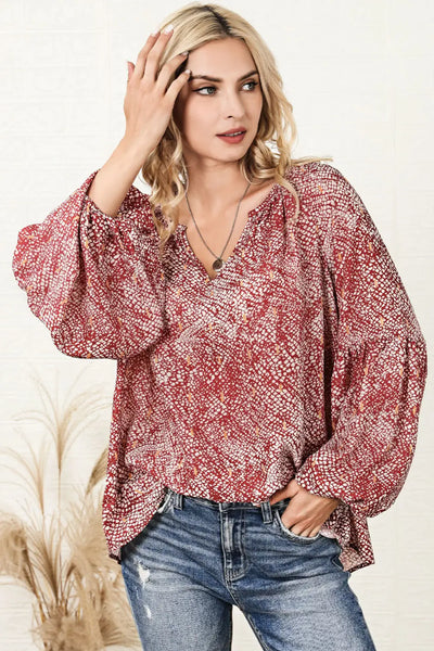 Elegant Red Abstract Lantern Sleeve Top - Shirts & Tops