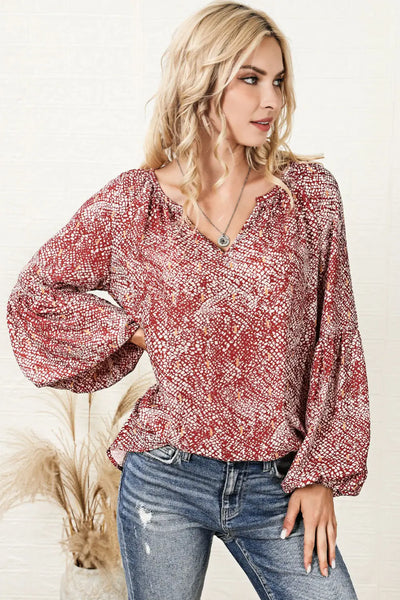 Elegant Red Abstract Lantern Sleeve Top - Shirts & Tops