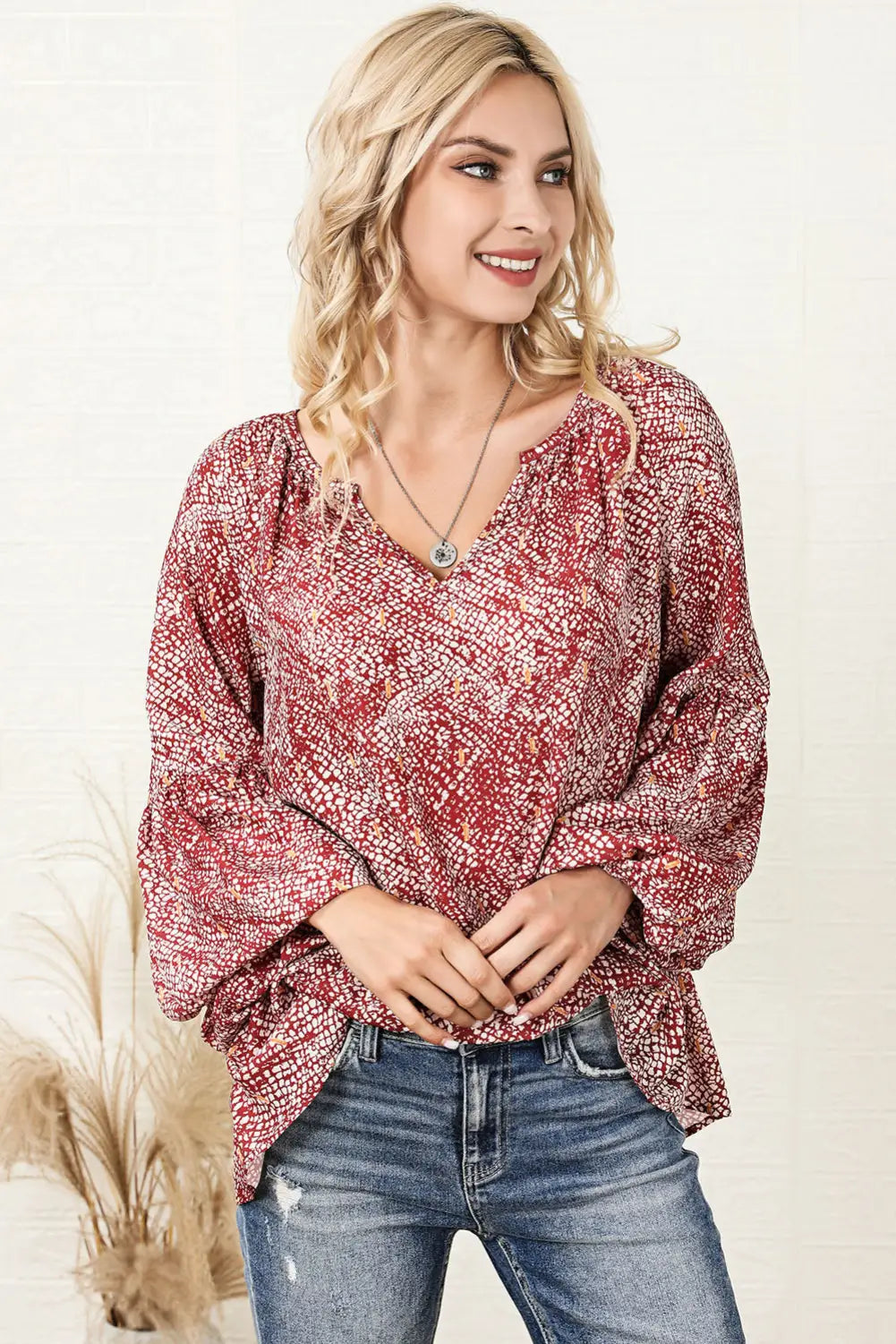 Elegant Red Abstract Lantern Sleeve Top - Shirts & Tops
