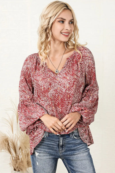 Elegant Red Abstract Lantern Sleeve Top - Shirts & Tops