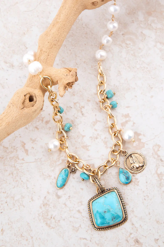 Blue Turquoise and White Pearl Multi Pendant Golden Necklace - Necklaces