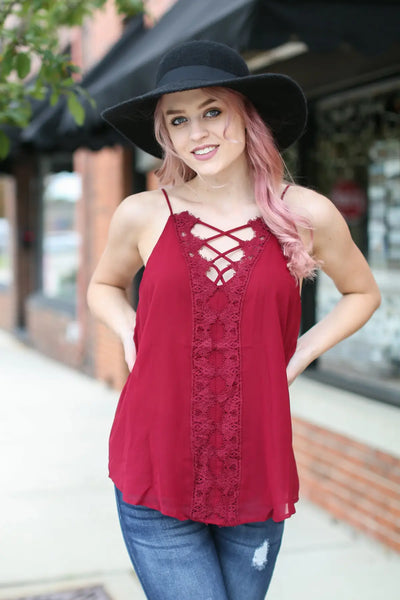 Burgundy V-Neck Scalloped Lace Top - Melissa Jean Boutique