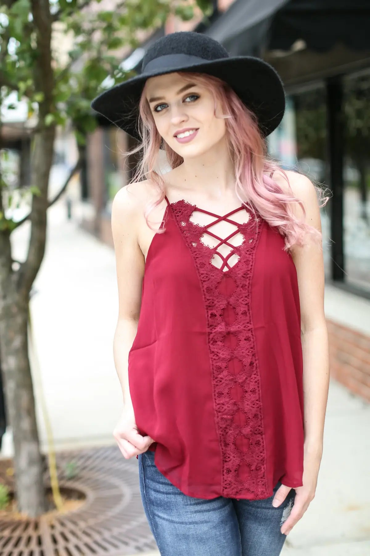 Burgundy V-Neck Scalloped Lace Top - Melissa Jean Boutique