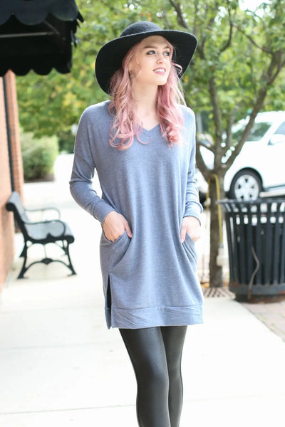 Cement V-Neck Sweater with Pockets - Melissa Jean Boutique