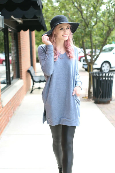 Cement V-Neck Sweater with Pockets - Melissa Jean Boutique