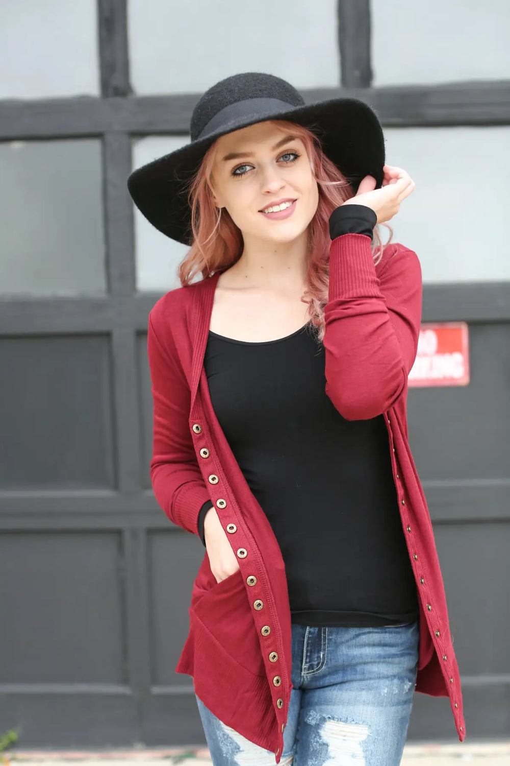 Cabernet Red Snap Cardigan with Pockets - Melissa Jean Boutique