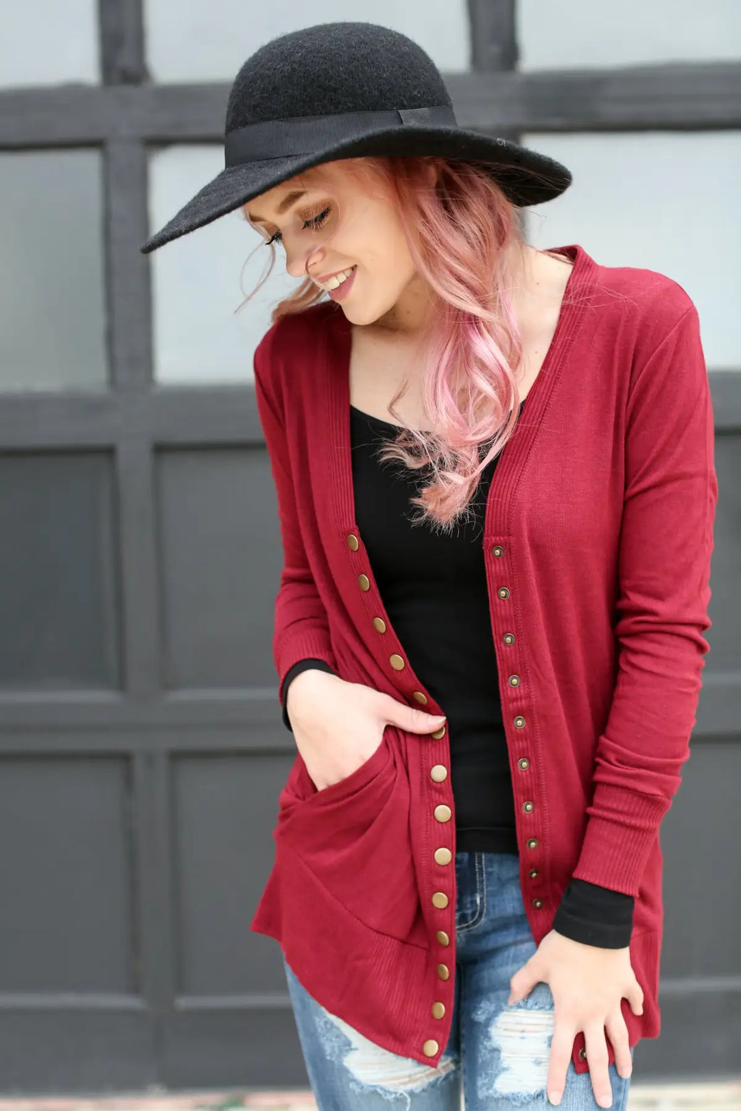 Cabernet Red Snap Cardigan with Pockets - Melissa Jean Boutique