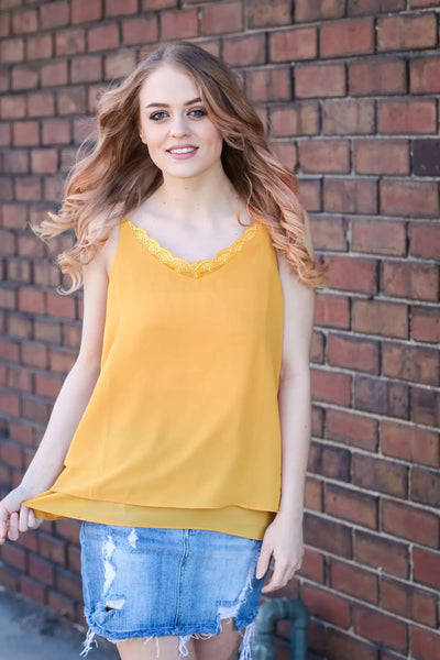 A Little Flair Mustard Cami Top - Melissa Jean Boutique
