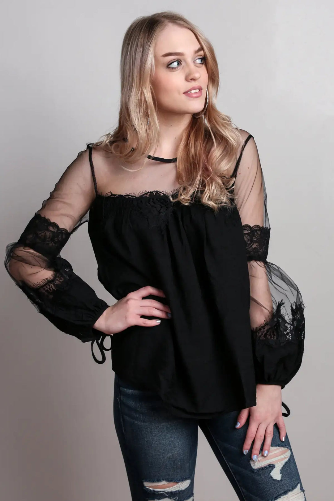 Black Lantern Sleeve Sheer Lace Top - Melissa Jean Boutique