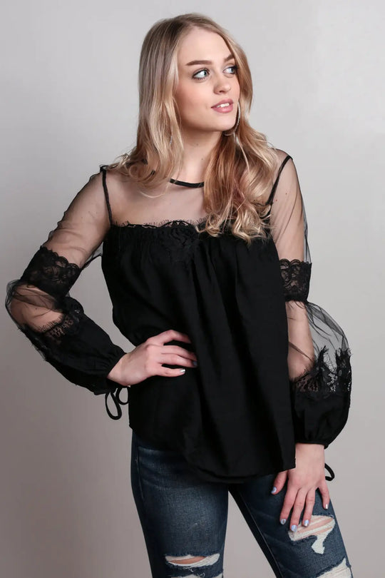 Black Lantern Sleeve Sheer Lace Top - Melissa Jean Boutique