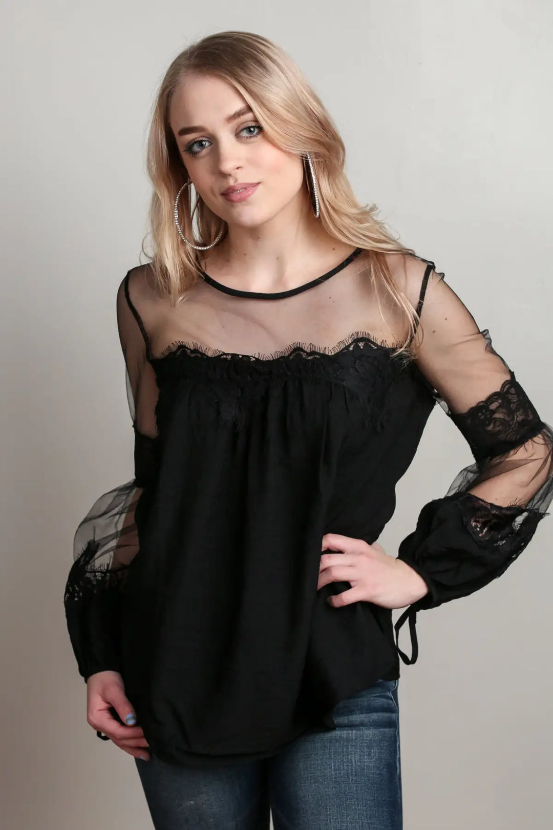 Black Lantern Sleeve Sheer Lace Top - Melissa Jean Boutique