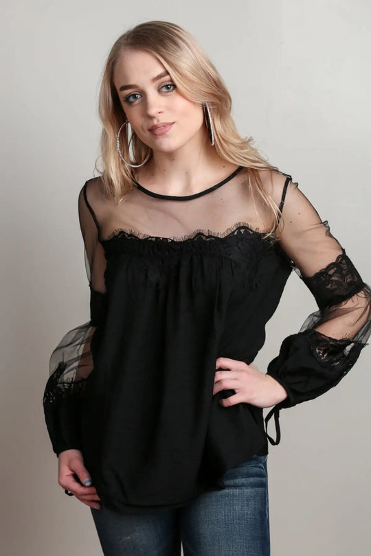 Black Lantern Sleeve Sheer Lace Top - Melissa Jean Boutique
