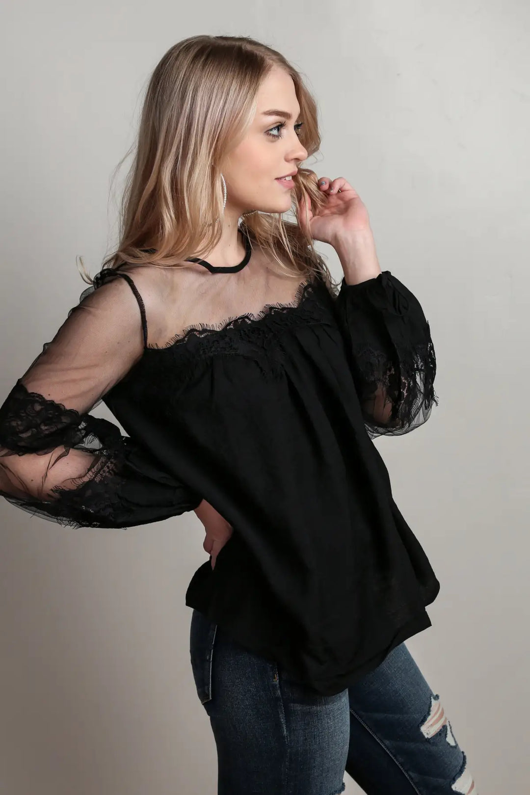 Black Lantern Sleeve Sheer Lace Top - Melissa Jean Boutique