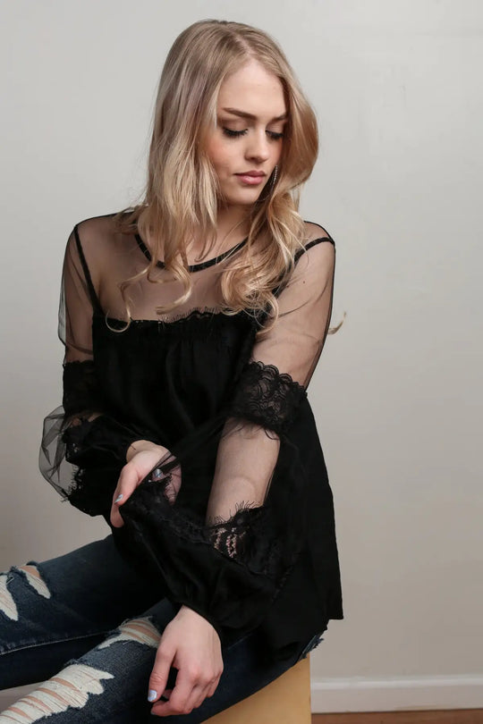Black Lantern Sleeve Sheer Lace Top - Melissa Jean Boutique