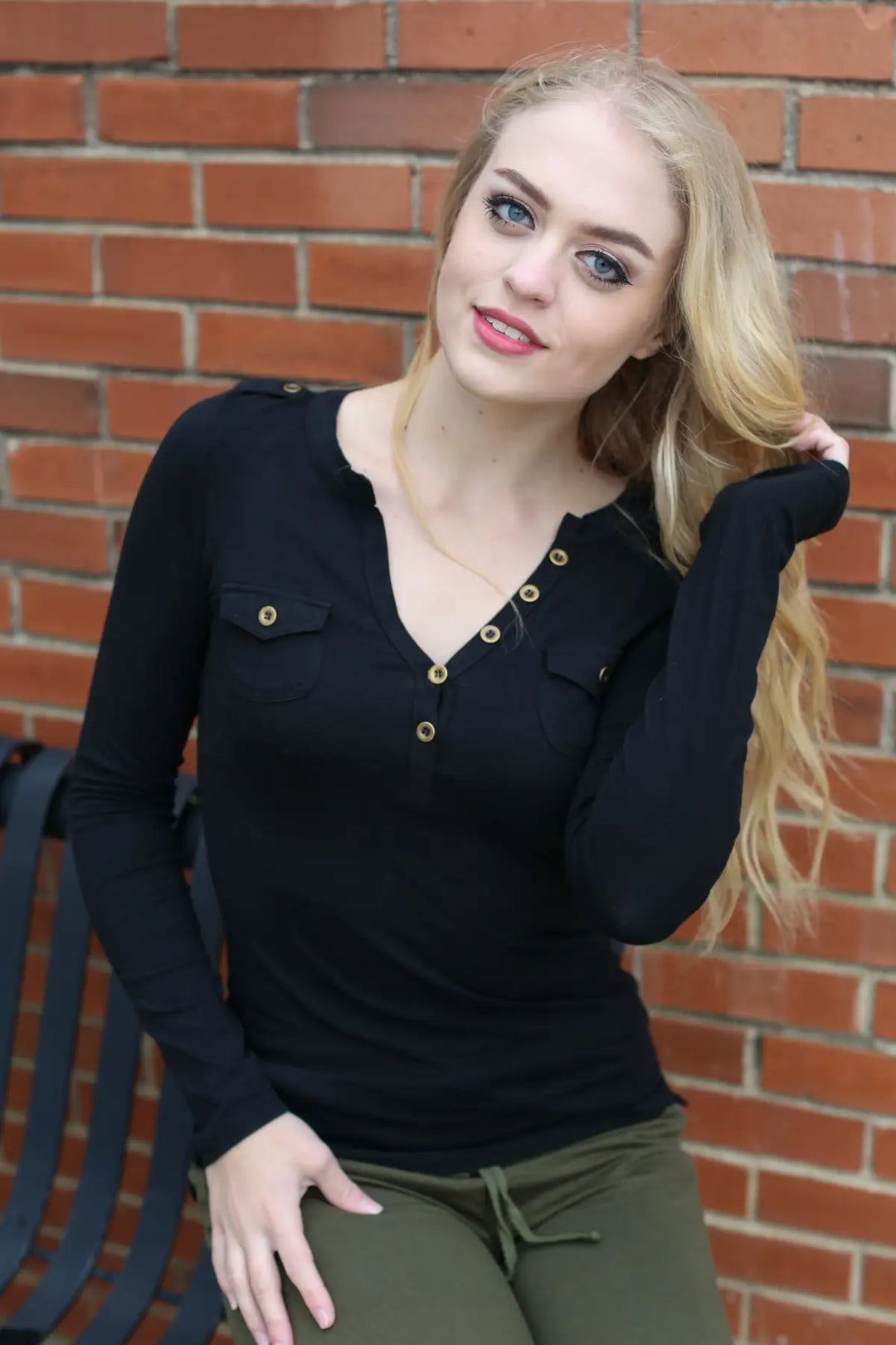 Black T-Shirt Henley - Melissa Jean Boutique