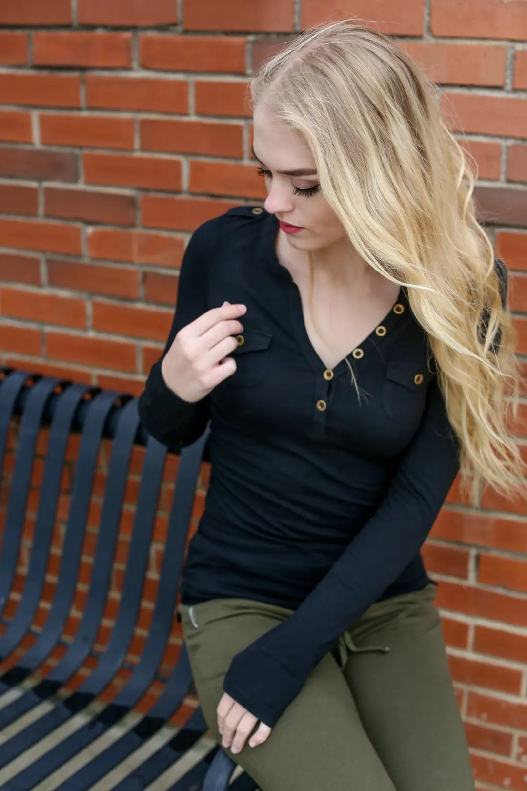 Black T-Shirt Henley - Melissa Jean Boutique