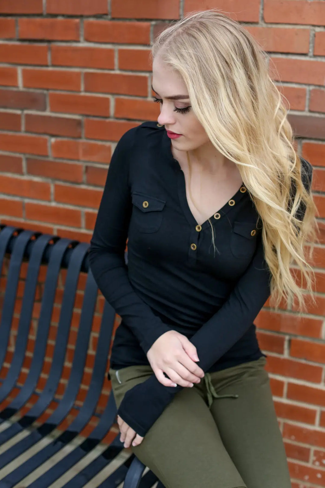 Black T-Shirt Henley - Melissa Jean Boutique