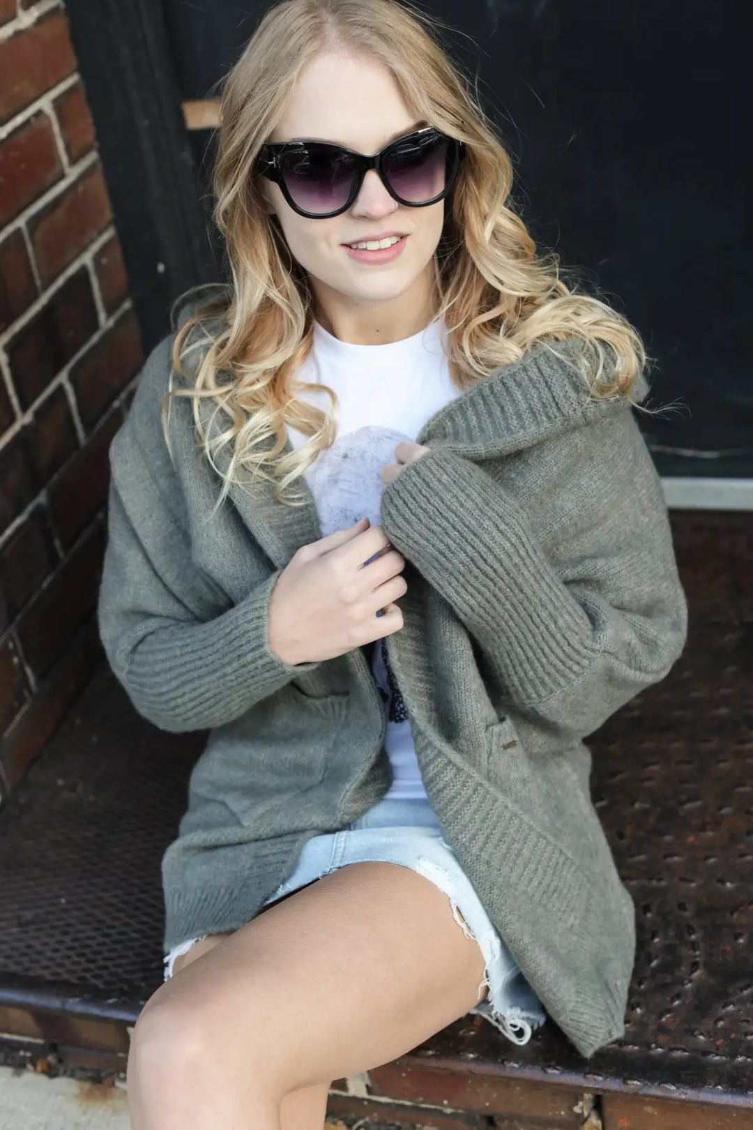 Hooded Open Cardigan in Khaki - One Size - OUTERWEAR