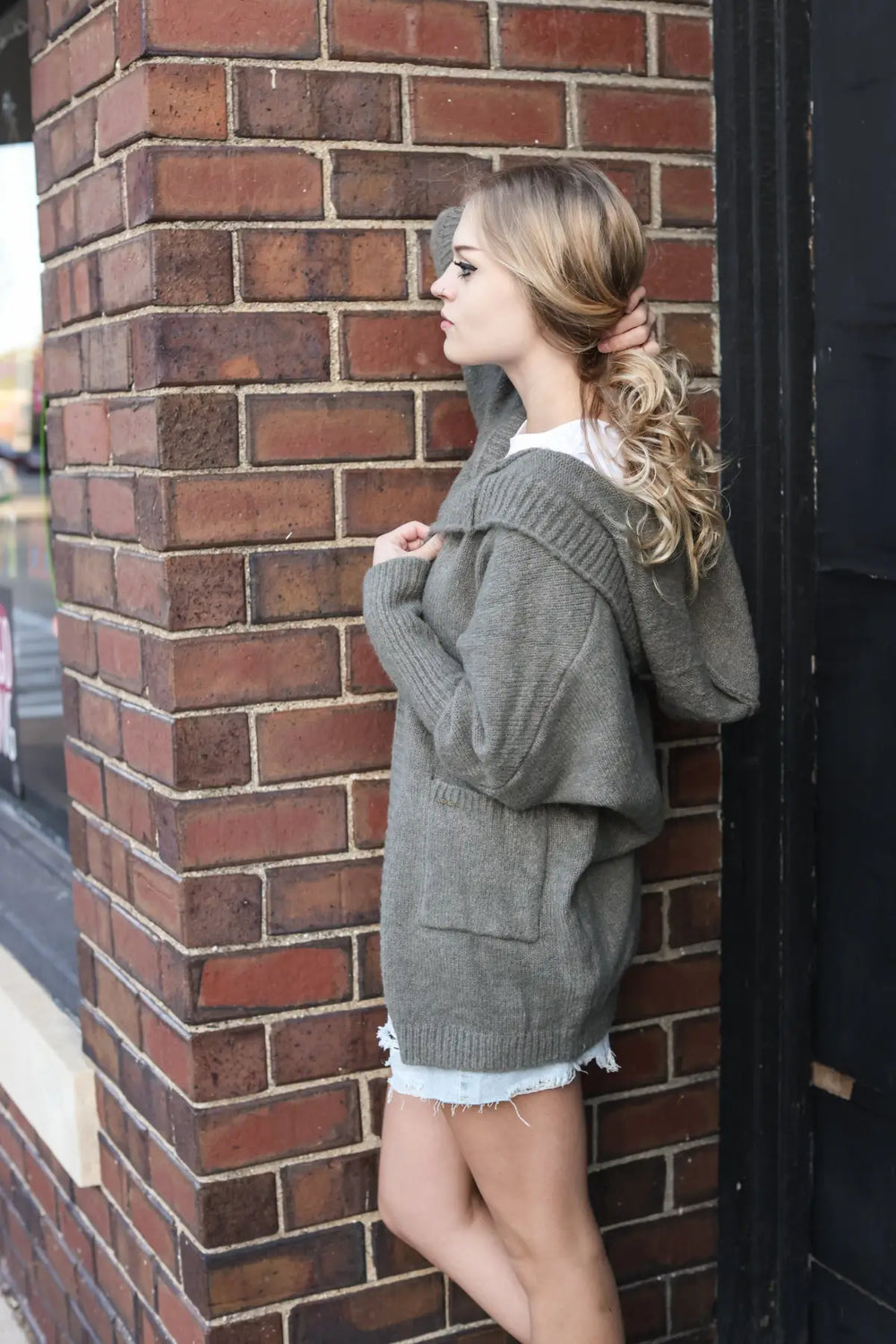 Hooded Open Cardigan in Khaki - One Size - OUTERWEAR