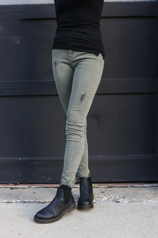 Olive Ripped Skinny Jean - Bottoms
