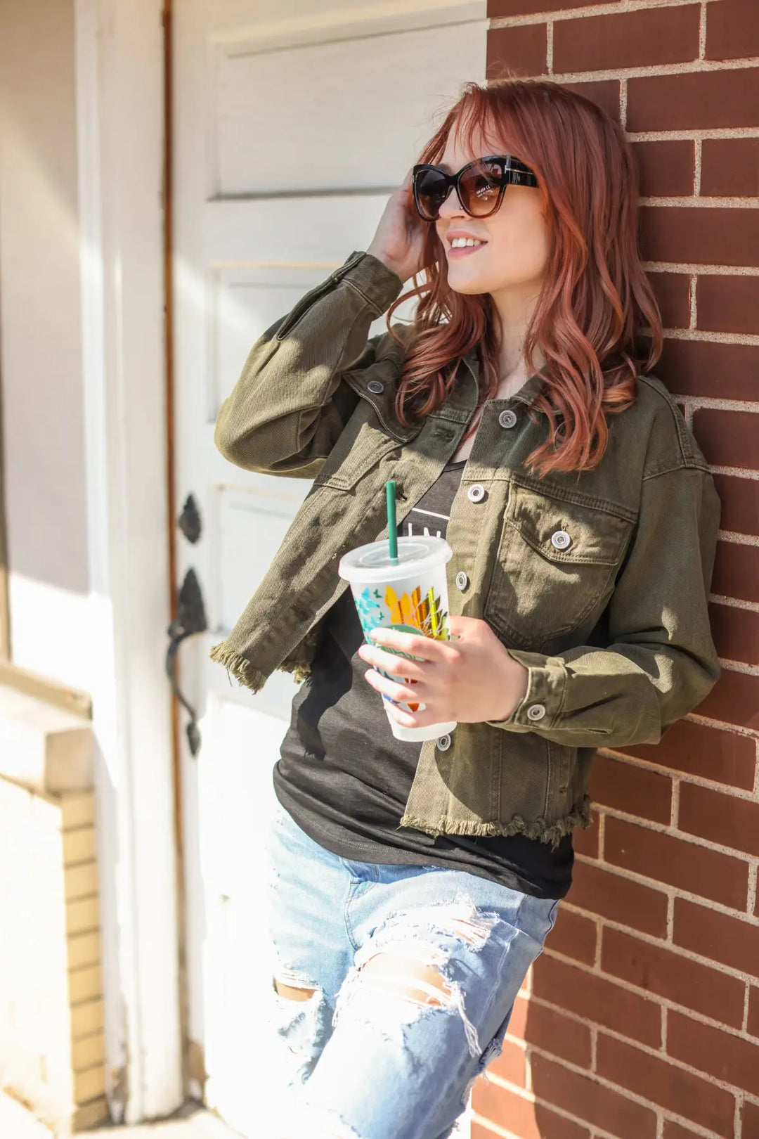 Olive Green Denim Jacket with Raw Hem - OUTERWEAR