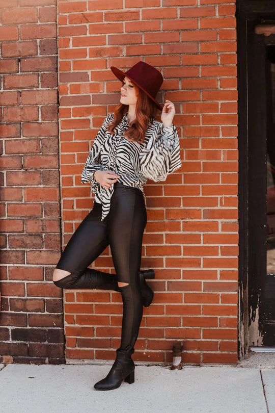 Faux Leather Knee Slit Leggings - Bottoms