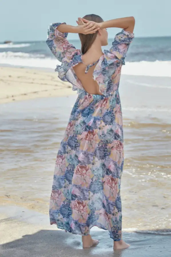 PHAX FLORAL RUFFLED TRIM LONG SLEEVE BEACH COVERUP - Cover Ups