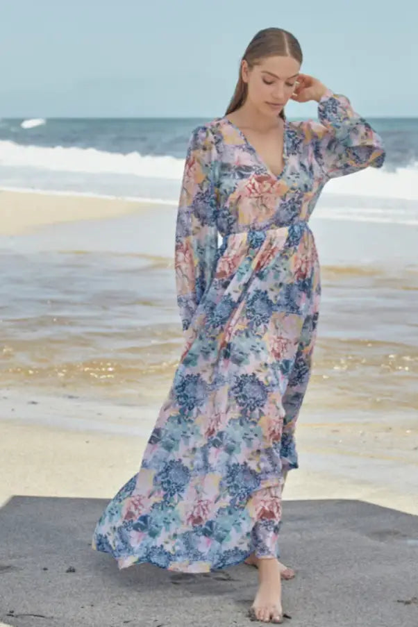 PHAX FLORAL RUFFLED TRIM LONG SLEEVE BEACH COVERUP - S - Cover Ups