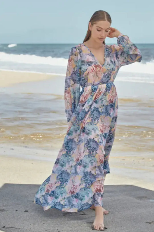 PHAX FLORAL RUFFLED TRIM LONG SLEEVE BEACH COVERUP - S - Cover Ups