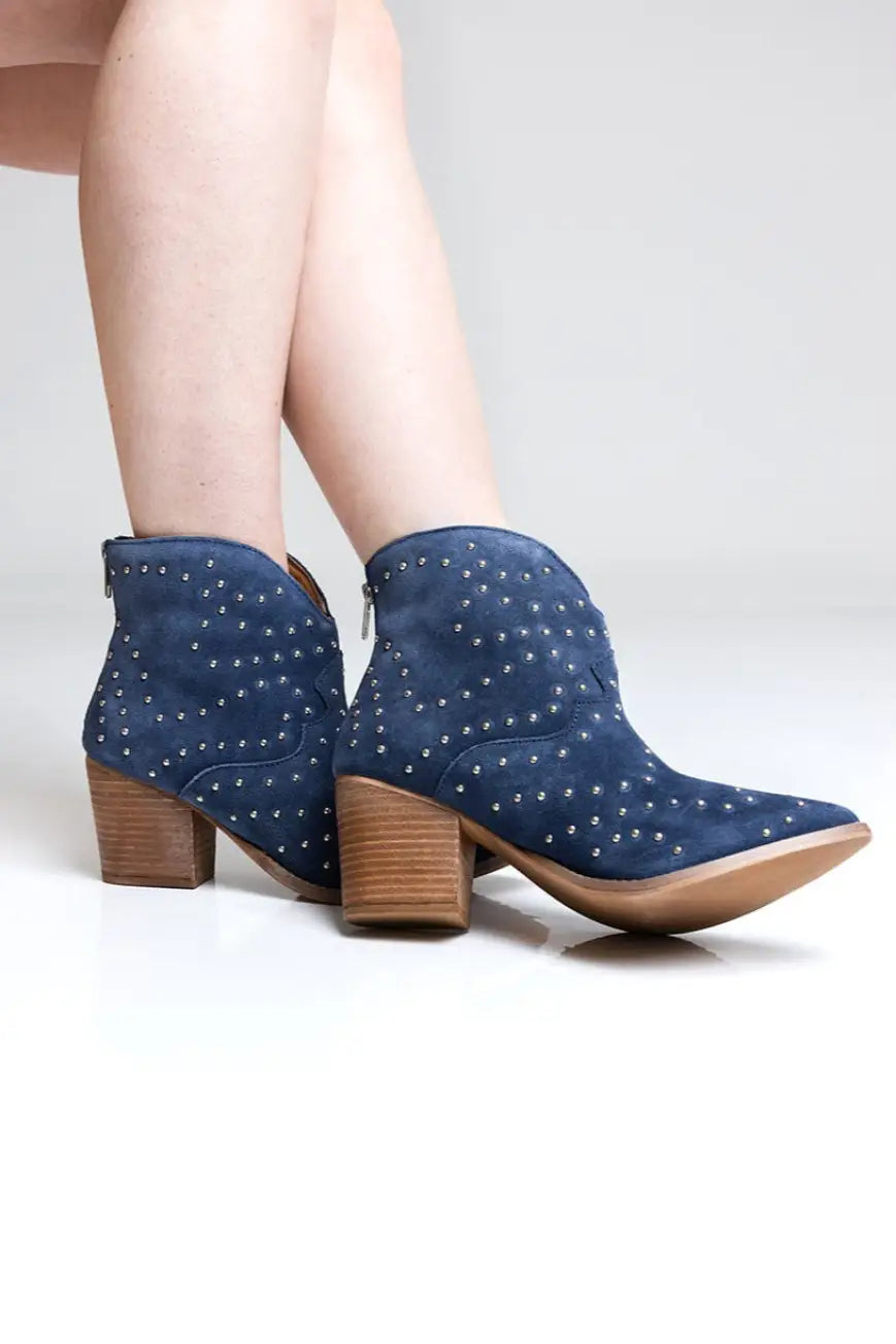 Twilight Studded Heeled Ankle Boot in Denim - 100 Western Boots