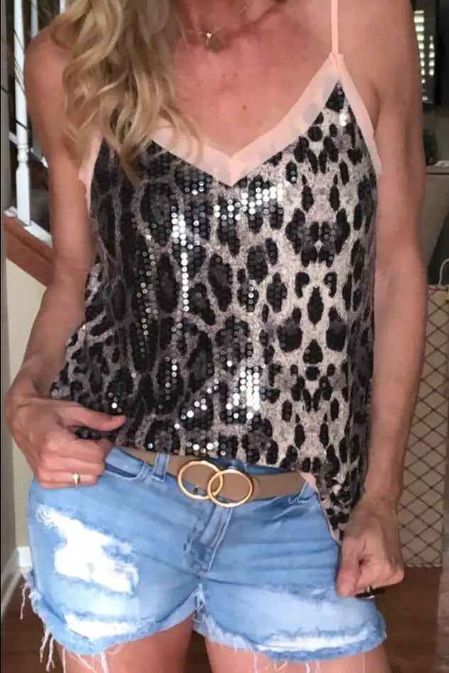 Glam it Up Leopard Sequin V-Neck - Melissa Jean Boutique