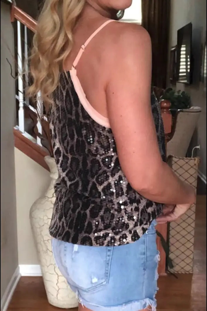 Glam it Up Leopard Sequin V-Neck - Melissa Jean Boutique