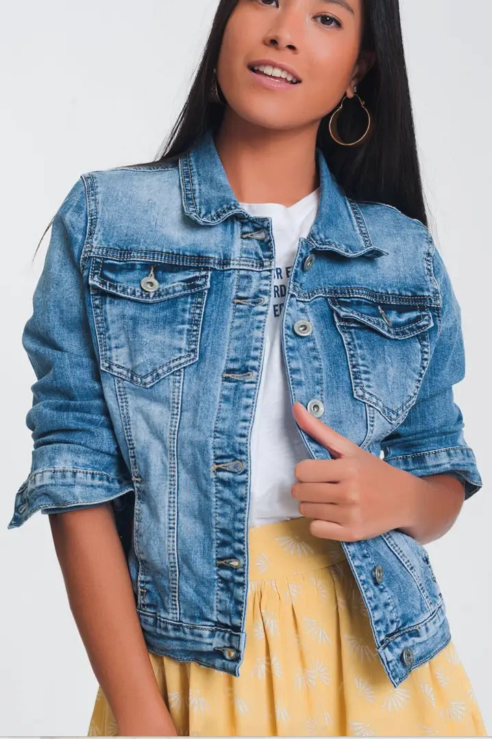 Cropped Denim Jacket in Light Blue Wash - Melissa Jean Boutique