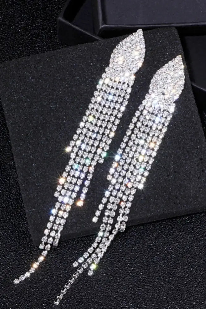 Crystal Rhinestone Long Teardrop Tassel Earrings - Jewelry