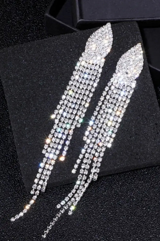 Crystal Rhinestone Long Teardrop Tassel Earrings - Jewelry