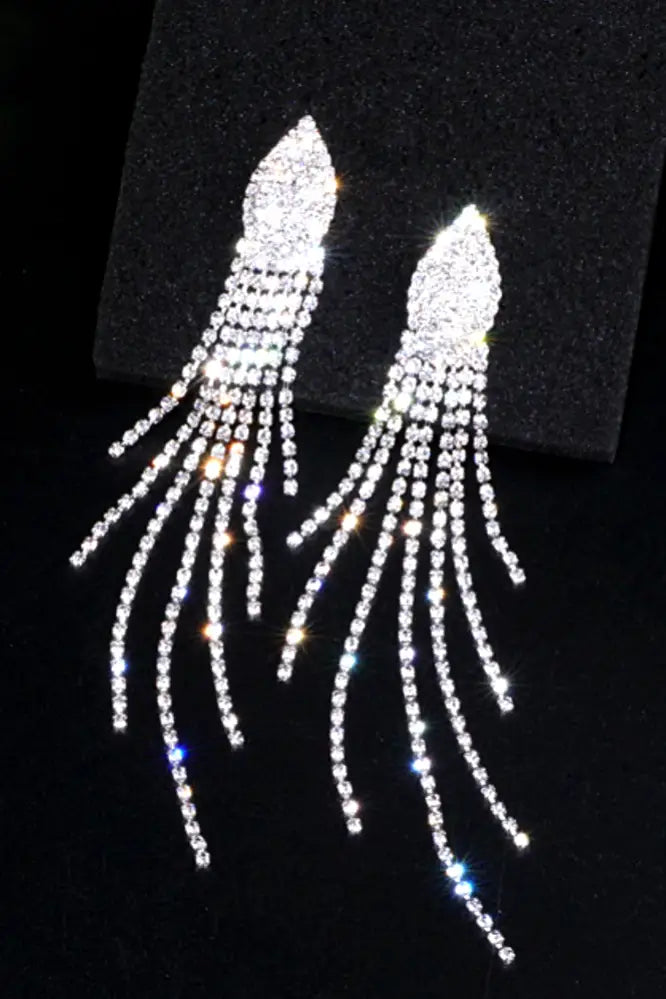 Crystal Rhinestone Long Teardrop Tassel Earrings - Jewelry