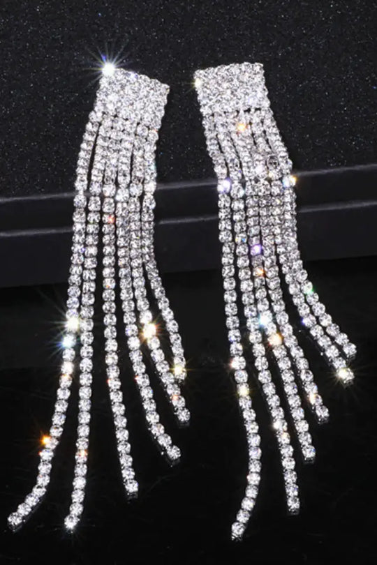 Crystal Rhinestone Long Tassel Earrings - Jewelry
