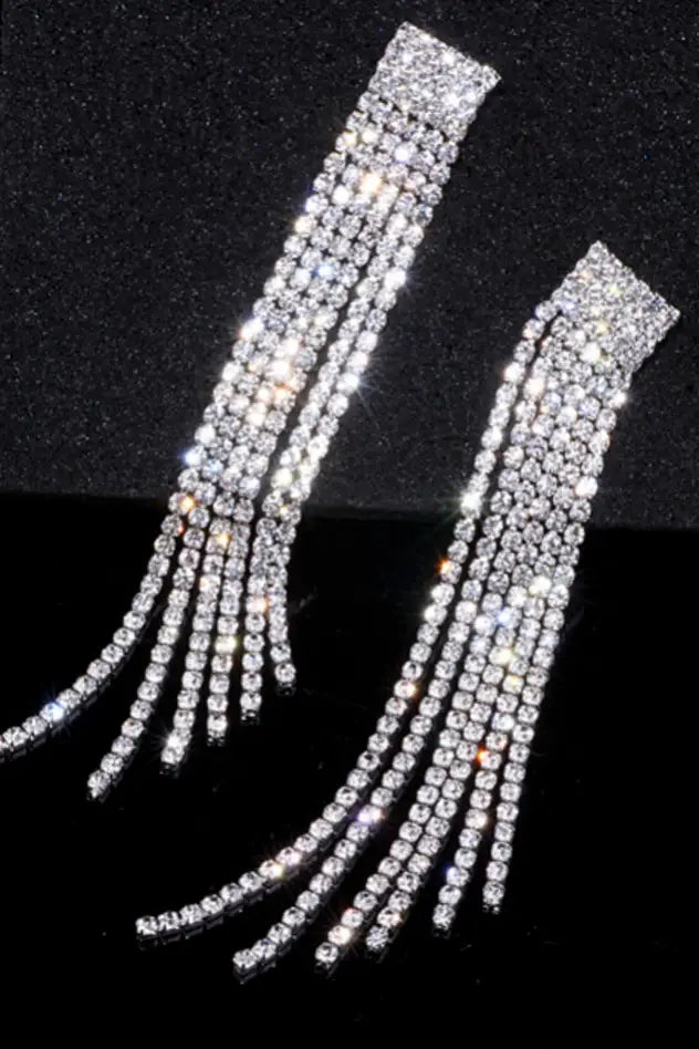 Crystal Rhinestone Long Tassel Earrings - Jewelry