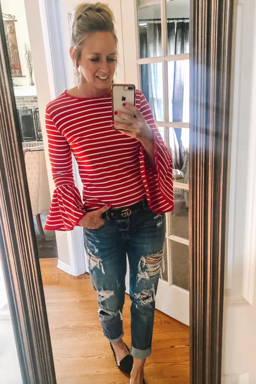 Red Striped Bell Sleeve Top - Tops
