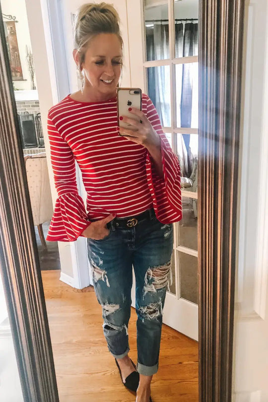 Red Striped Bell Sleeve Top - Tops
